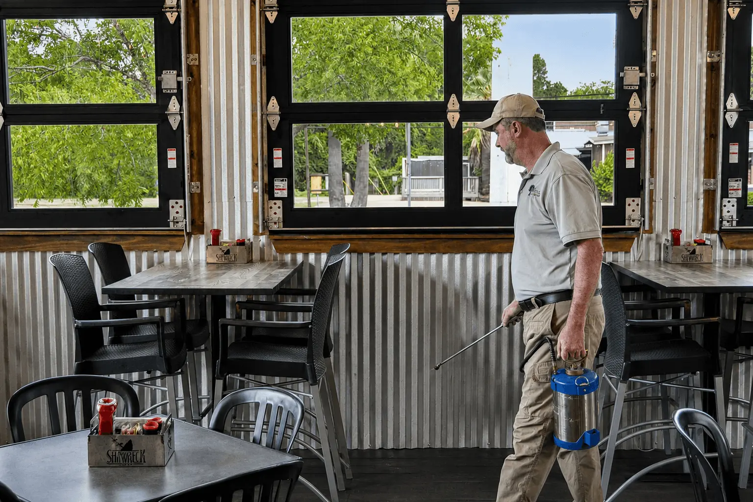 Dr. Scott Lingren providing pest control service inside a local Aggieland business