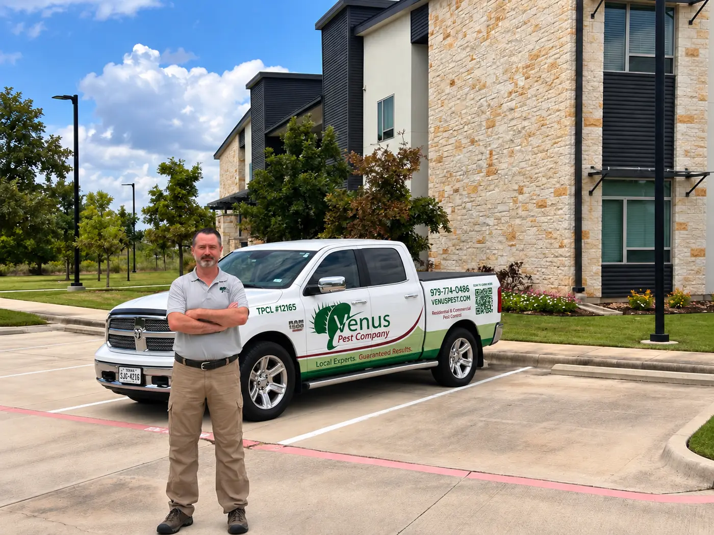 Dr. Scott Lingren beside a Venus Pest Company truck at an Aggieland rental property