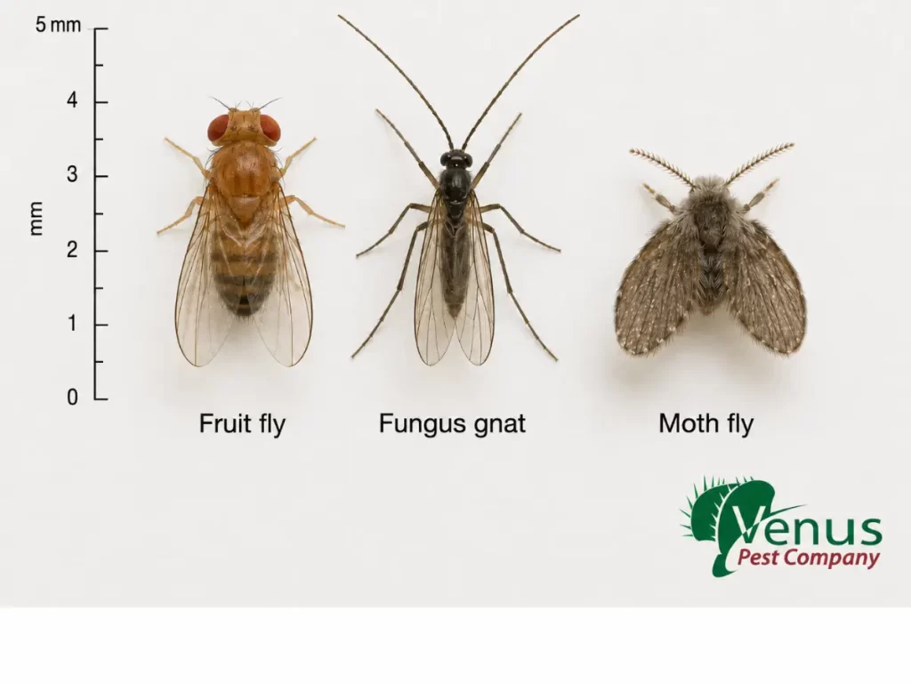 Fruit fly, fungus gnat and moth fly size comparison