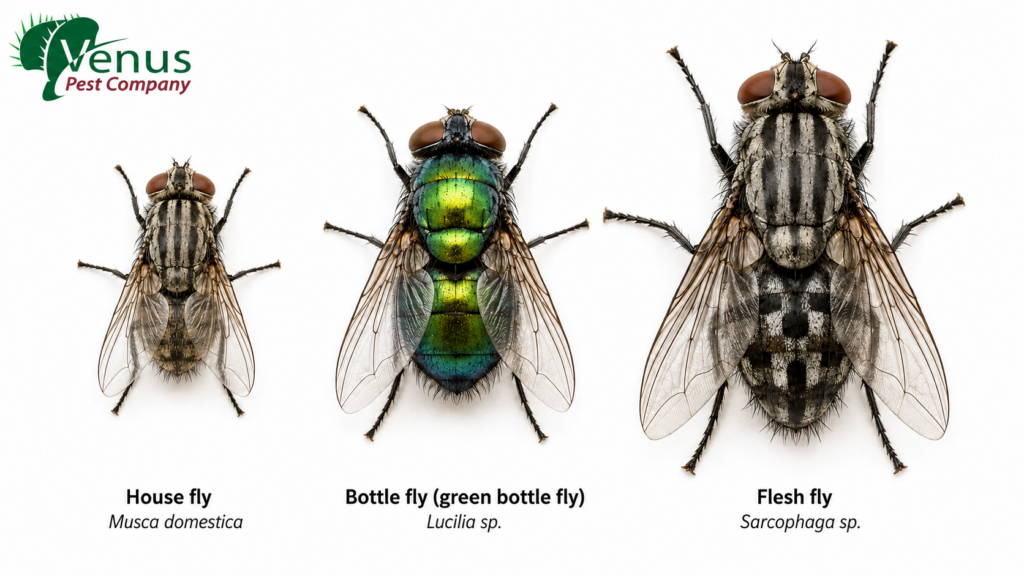 house fly, bottle fly, flesh fly compared