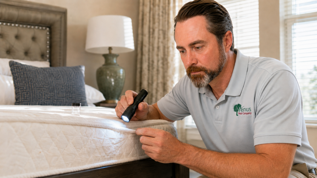 Dr. Scott Lingren inspecting a mattress after reports of mystery bites with no visible bugs.