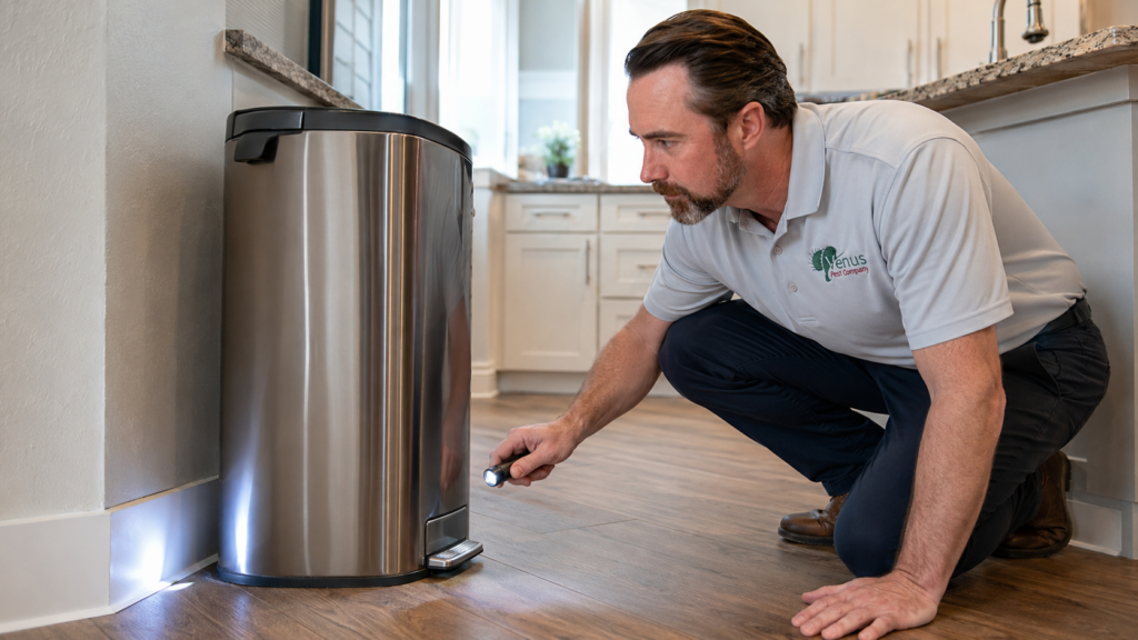 Dr. Scott Lingren inspecting beneath a kitchen trash can to find the source of maggots.