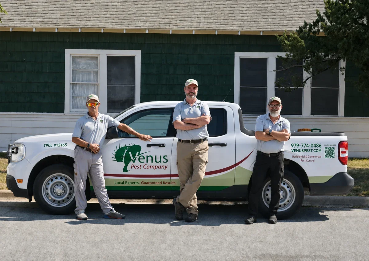 Dr. Scott Lingren and two Venus crew members beside their company truck