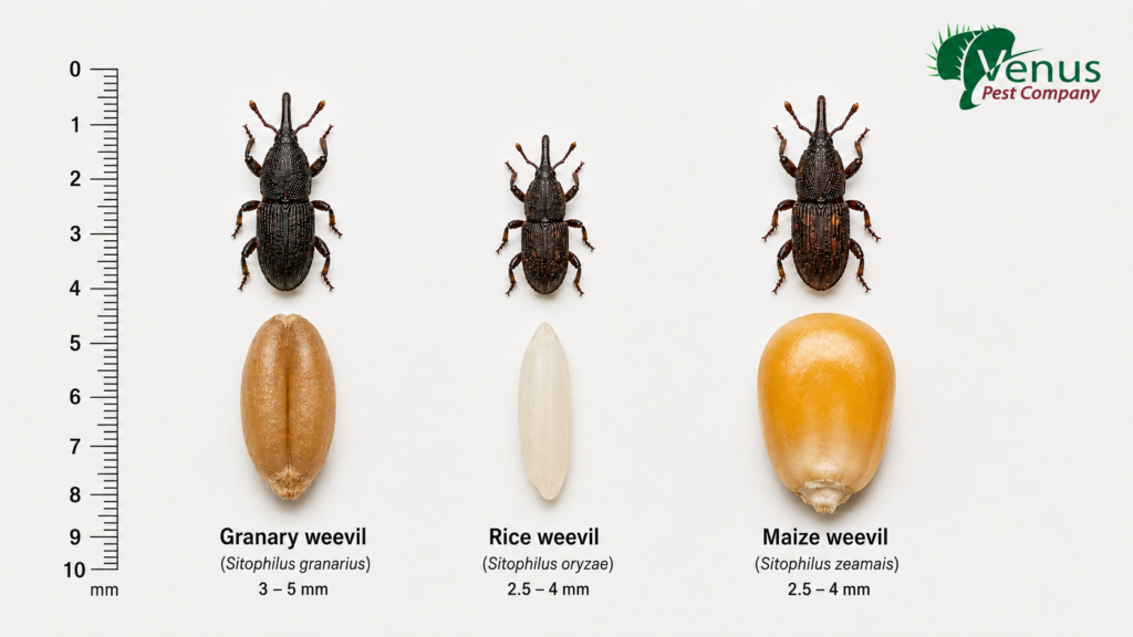 granary weevil, rice weevil, maize weevil compared